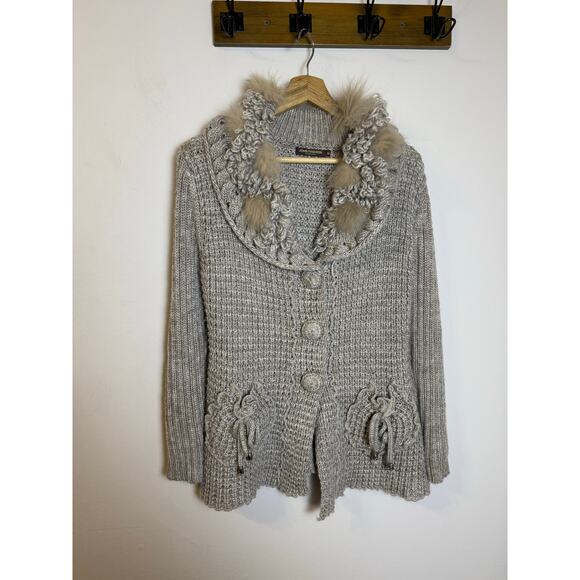 WOOL BLEND CARDIGAN SWEATER WITH FAUX FUR TRIM John Fashion M - Picture 1 of 7